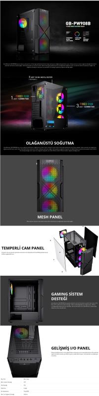 GAMEBOOSTER GB-PW908B 650W USB 3.0, ATX Mesh, Fixed 4xRGB Fan, Siyah Kasa 